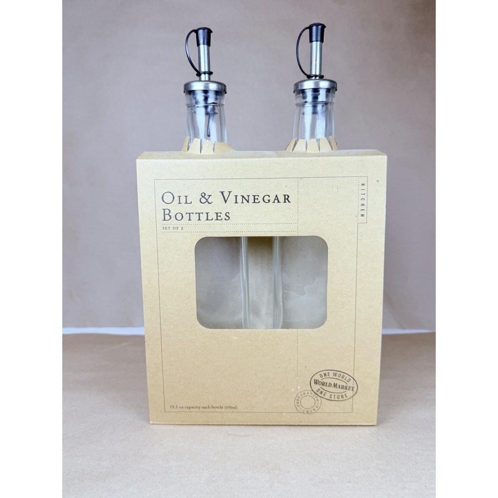 World Market Oil Vinegar Bottles Set 2 Glass 19.3 Oz Pour Spouts New in Box